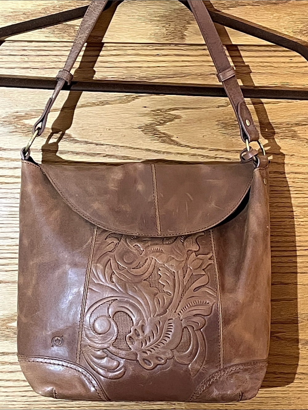 Born Brown Leather Embossed Shoulder Bag with Adjustable Strap